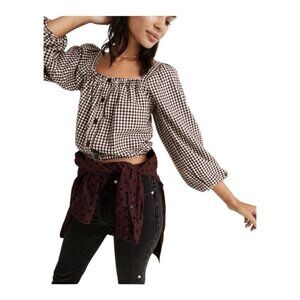Madewell Crop Top L Puff Sleeve Button Front Brown Gingham Plaid Oversized
